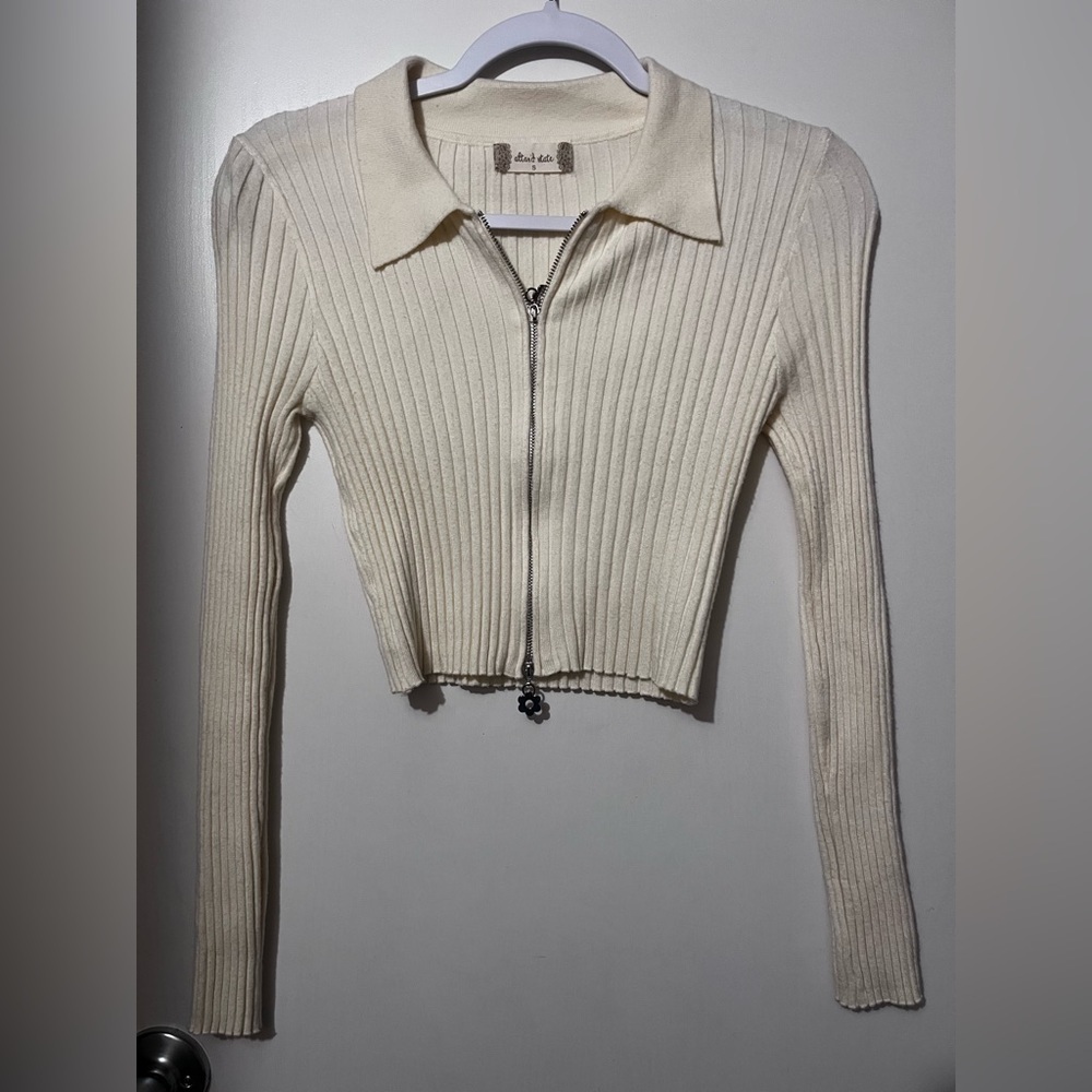 Altar'd State Crop Top Size Small Daisy Full Zip Ribbed Knit Long Sleeve